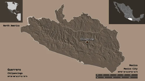 墨西哥州格雷罗州的形状及其首府 距离刻度 预览和标签 彩色高程图 3D渲染 — 图库照片