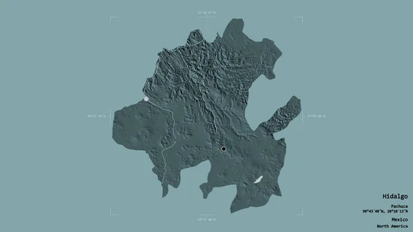 Area of Hidalgo, state of Mexico, isolated on a solid background in a georeferenced bounding box. Labels. Colored elevation map. 3D rendering