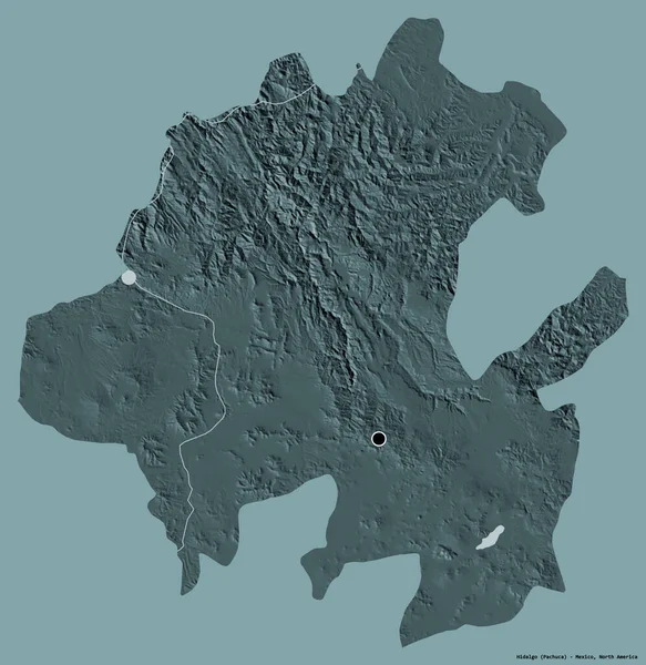Hidalgo 'nun şekli, Meksika eyaleti, başkenti katı renk arka planında izole edilmiş. Renkli yükseklik haritası. 3B görüntüleme