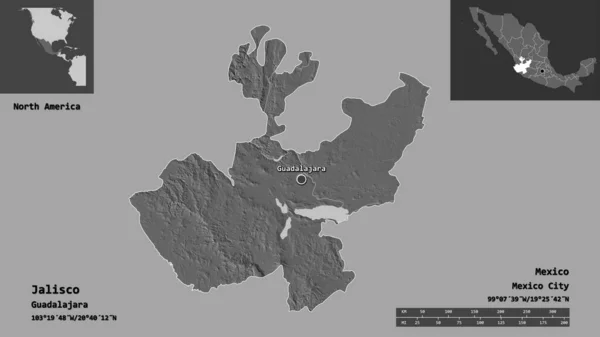 Tvar Jalisca Státu Mexiko Jeho Hlavního Města Měřítko Vzdálenosti Náhledy — Stock fotografie