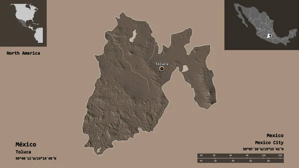 メキシコの形 メキシコの状態 およびその首都 距離スケール プレビューおよびラベル 色の標高マップ 3Dレンダリング — ストック写真