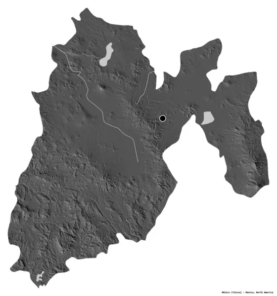 Meksika 'nın şekli, Meksika eyaleti, başkenti beyaz arka planda izole edilmiş. Çift seviyeli yükseklik haritası. 3B görüntüleme