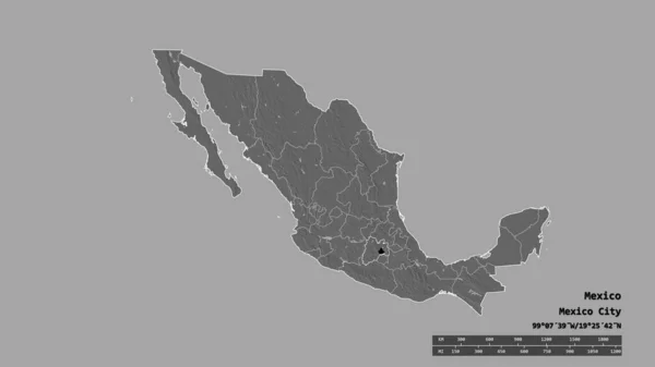 主要な地域部門と分離メキシコ地域とメキシコの荒廃した形 ラベル 標高マップ 3Dレンダリング — ストック写真