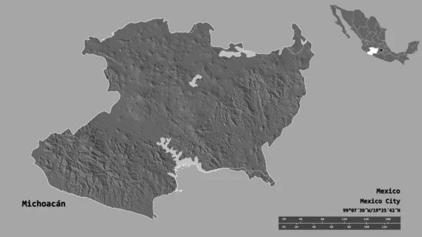 メキシコの州であるミチョアカンの形で その首都はしっかりとした背景に隔離されています 距離スケール リージョンプレビュー およびラベル 標高マップ 3Dレンダリング — ストック写真
