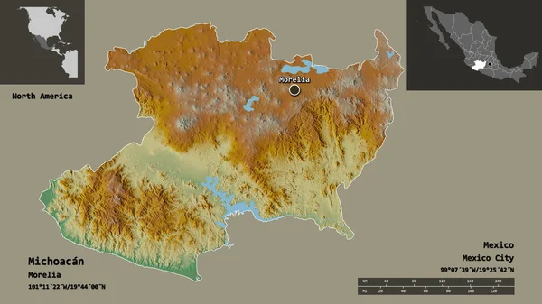 Michoacan 'ın şekli, Meksika eyaleti ve başkenti. Uzaklık ölçeği, ön gösterimler ve etiketler. Topografik yardım haritası. 3B görüntüleme