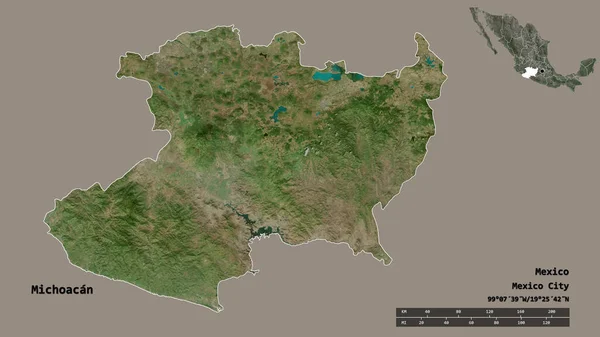 墨西哥州米却肯州的形状 其首都在坚实的背景下与世隔绝 距离尺度 区域预览和标签 卫星图像 3D渲染 — 图库照片