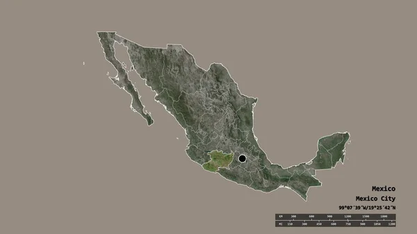 主要な地域部門と分離されたミチョアカン地域とメキシコの荒廃した形 ラベル 衛星画像 3Dレンダリング — ストック写真