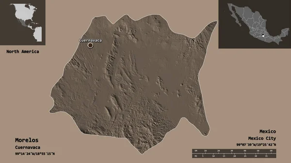 モレロスの形 メキシコの状態 そしてその首都 距離スケール プレビューおよびラベル 色の標高マップ 3Dレンダリング — ストック写真
