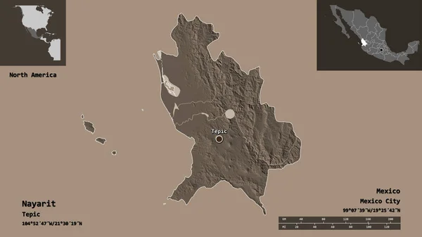 Forme Nayarit État Mexique Capitale Échelle Distance Aperçus Étiquettes Carte — Photo