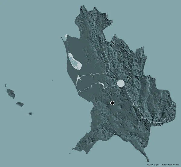 Nayarit 'in şekli, Meksika eyaleti, başkenti katı renk arka planında izole edilmiş. Renkli yükseklik haritası. 3B görüntüleme