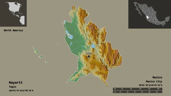 ナヤリットの形 メキシコの状態 そしてその首都 距離スケール プレビューおよびラベル 地形図 3Dレンダリング — ストック写真