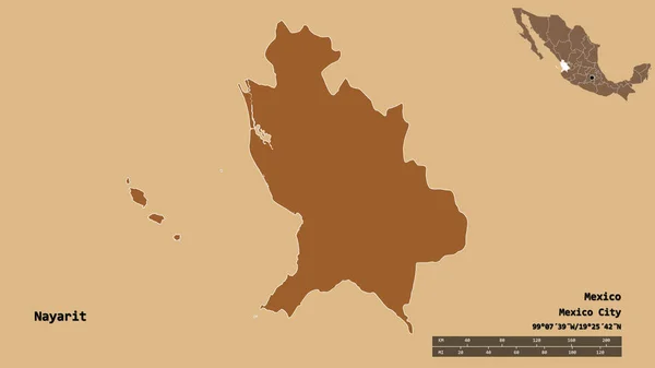 墨西哥纳亚里特州的形状 其首都在坚实的背景下与世隔绝 距离尺度 区域预览和标签 有规律的纹理的组成 3D渲染 — 图库照片
