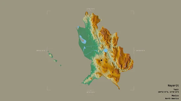 メキシコの州ナヤリットの地域は 洗練された境界の箱の中の強固な背景に隔離されています ラベル 地形図 3Dレンダリング — ストック写真