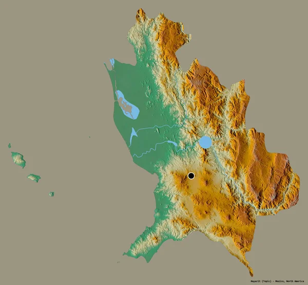 Shape of Nayarit, state of Mexico, with its capital isolated on a solid color background. Topographic relief map. 3D rendering