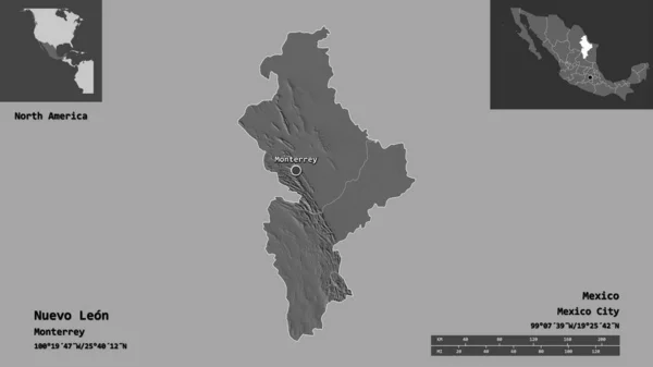 Formen Nuevo Leon Delstaten Mexiko Och Dess Huvudstad Avståndsskala Förhandsvisningar — Stockfoto
