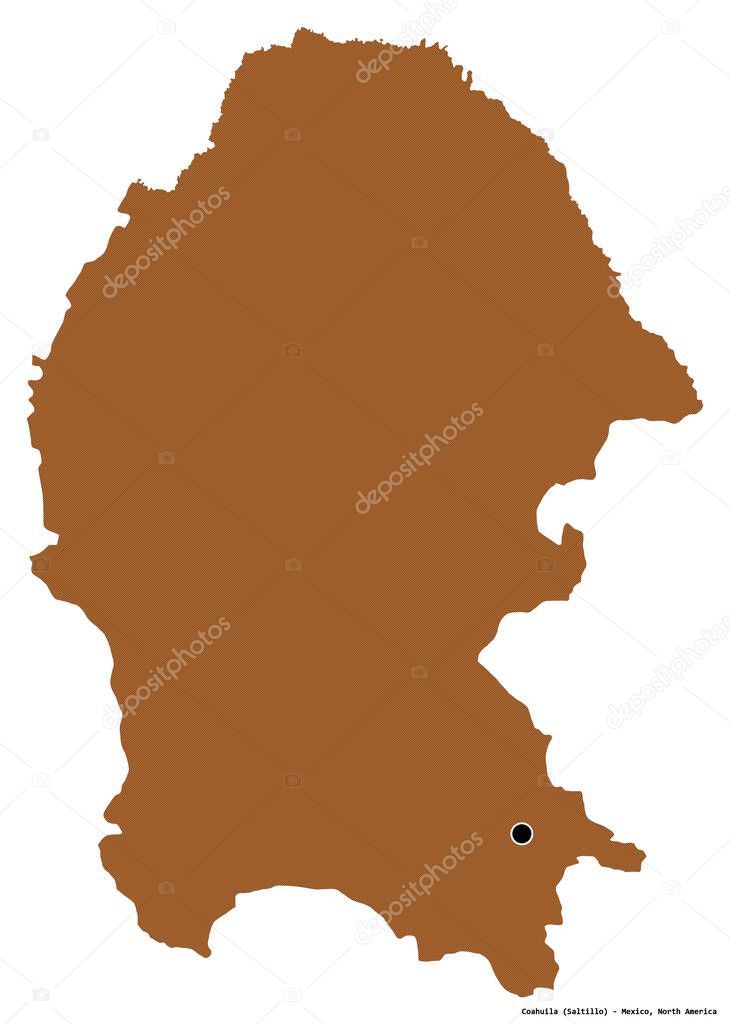 Shape of Coahuila, state of Mexico, with its capital isolated on white background. Composition of patterned textures. 3D rendering