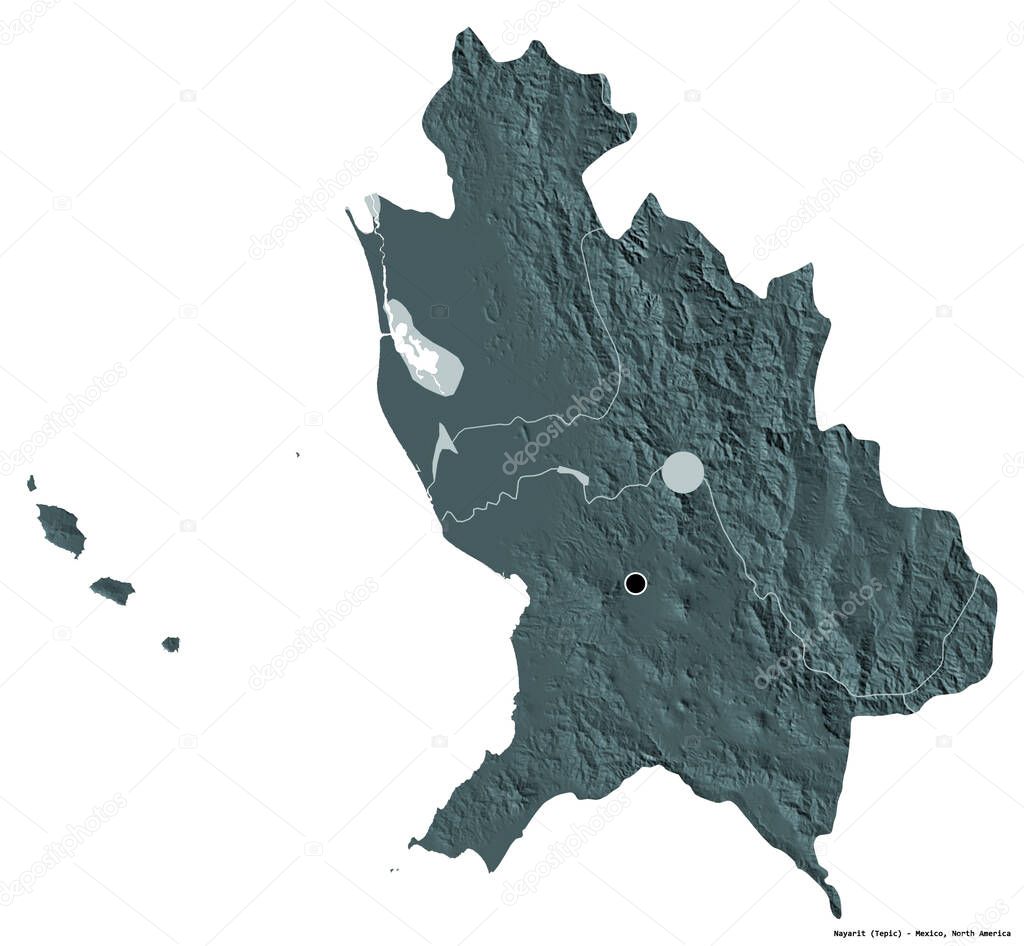 Shape of Nayarit, state of Mexico, with its capital isolated on white background. Colored elevation map. 3D rendering
