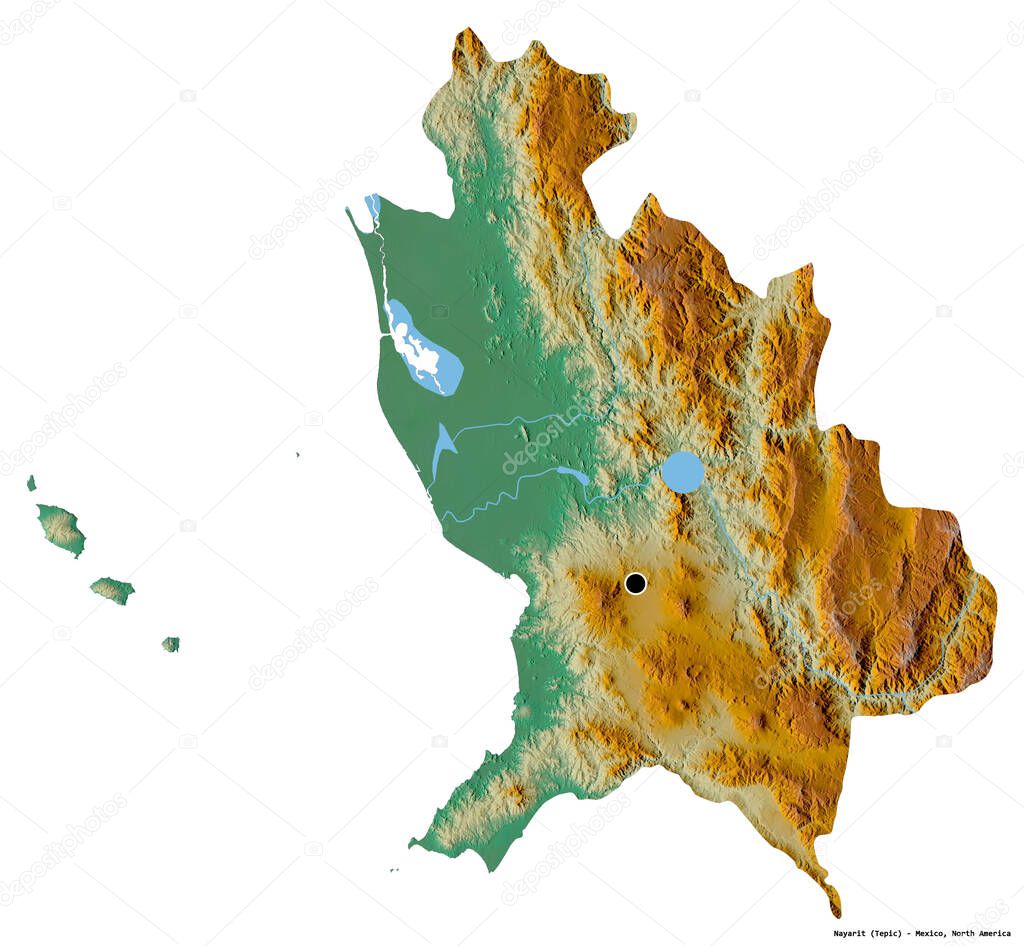 Shape of Nayarit, state of Mexico, with its capital isolated on white background. Topographic relief map. 3D rendering