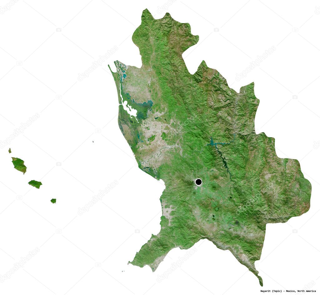Shape of Nayarit, state of Mexico, with its capital isolated on white background. Satellite imagery. 3D rendering