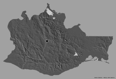 Oaxaca 'nın şekli, Meksika eyaleti, başkenti katı renk arka planında izole edilmiş. Çift seviyeli yükseklik haritası. 3B görüntüleme