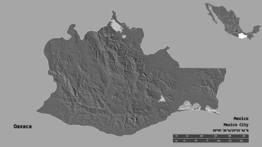 Oaxaca 'nın şekli, Meksika eyaleti, başkenti sağlam arka planda izole edilmiş. Uzaklık ölçeği, bölge önizlemesi ve etiketleri. Çift seviyeli yükseklik haritası. 3B görüntüleme