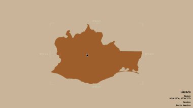 Oaxaca bölgesi, Meksika eyaleti, jeoreferatlı bir sınır kutusunda sağlam bir arka planda izole edilmiş. Etiketler. Desenli dokuların bileşimi. 3B görüntüleme