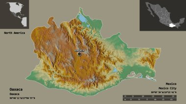 Oaxaca 'nın şekli, Meksika eyaleti ve başkenti. Uzaklık ölçeği, ön gösterimler ve etiketler. Topografik yardım haritası. 3B görüntüleme