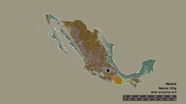 Başkenti, ana bölgesel bölümü ve ayrılmış Oaxaca bölgesi ile Meksika 'nın dejenere edilmiş şekli. Etiketler. Topografik yardım haritası. 3B görüntüleme