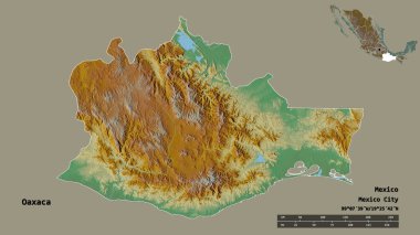 Oaxaca 'nın şekli, Meksika eyaleti, başkenti sağlam arka planda izole edilmiş. Uzaklık ölçeği, bölge önizlemesi ve etiketleri. Topografik yardım haritası. 3B görüntüleme