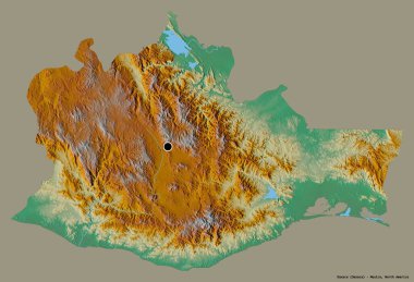 Oaxaca 'nın şekli, Meksika eyaleti, başkenti katı renk arka planında izole edilmiş. Topografik yardım haritası. 3B görüntüleme