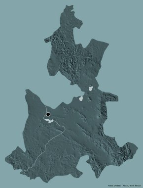 Meksika 'nın Puebla eyaleti. Başkenti koyu renk arka planda izole edilmiş. Renkli yükseklik haritası. 3B görüntüleme