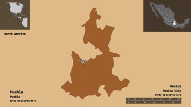 Puebla 'nın şekli, Meksika eyaleti ve başkenti. Uzaklık ölçeği, ön gösterimler ve etiketler. Düzenli desenli dokuların bileşimi. 3B görüntüleme