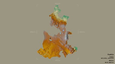 Puebla bölgesi, Meksika eyaleti, jeoreferatlı bir sınır kutusunda sağlam bir arka planda izole edilmiş. Etiketler. Topografik yardım haritası. 3B görüntüleme