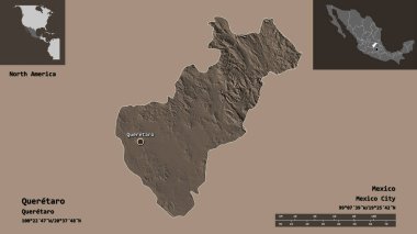 Queretaro 'nun şekli, Meksika eyaleti ve başkenti. Uzaklık ölçeği, ön gösterimler ve etiketler. Renkli yükseklik haritası. 3B görüntüleme