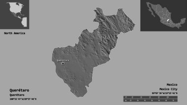 Queretaro 'nun şekli, Meksika eyaleti ve başkenti. Uzaklık ölçeği, ön gösterimler ve etiketler. Çift seviyeli yükseklik haritası. 3B görüntüleme