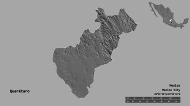 Queretaro 'nun şekli, Meksika eyaleti, başkenti sağlam arka planda izole edilmiş. Uzaklık ölçeği, bölge önizlemesi ve etiketleri. Çift seviyeli yükseklik haritası. 3B görüntüleme