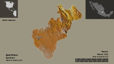 Queretaro 'nun şekli, Meksika eyaleti ve başkenti. Uzaklık ölçeği, ön gösterimler ve etiketler. Topografik yardım haritası. 3B görüntüleme