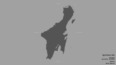 Quintana Roo bölgesi, Meksika eyaleti, jeoreferatlı bir sınır kutusunda sağlam bir arka planda izole edilmiş. Etiketler. Çift seviyeli yükseklik haritası. 3B görüntüleme