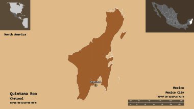 Quintana Roo 'nun şekli, Meksika eyaleti ve başkenti. Uzaklık ölçeği, ön gösterimler ve etiketler. Düzenli desenli dokuların bileşimi. 3B görüntüleme