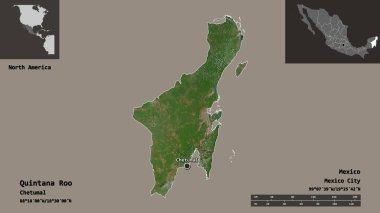 Quintana Roo 'nun şekli, Meksika eyaleti ve başkenti. Uzaklık ölçeği, ön gösterimler ve etiketler. Uydu görüntüleri. 3B görüntüleme
