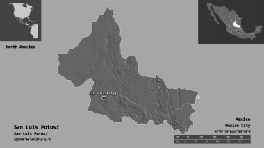 San Luis Potosi 'nin şekli, Meksika eyaleti ve başkenti. Uzaklık ölçeği, ön gösterimler ve etiketler. Çift seviyeli yükseklik haritası. 3B görüntüleme