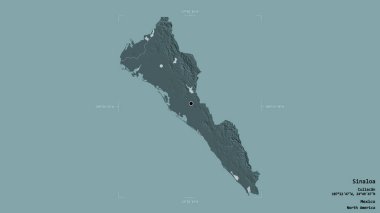 Sinaloa bölgesi, Meksika eyaleti, jeoreferatlı bir sınır kutusunda sağlam bir arka planda izole edilmiş. Etiketler. Renkli yükseklik haritası. 3B görüntüleme