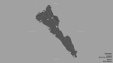Sinaloa bölgesi, Meksika eyaleti, jeoreferatlı bir sınır kutusunda sağlam bir arka planda izole edilmiş. Etiketler. Çift seviyeli yükseklik haritası. 3B görüntüleme