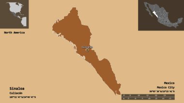 Sinaloa 'nın şekli, Meksika eyaleti ve başkenti. Uzaklık ölçeği, ön gösterimler ve etiketler. Düzenli desenli dokuların bileşimi. 3B görüntüleme