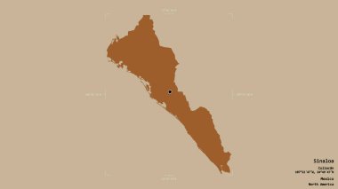 Sinaloa bölgesi, Meksika eyaleti, jeoreferatlı bir sınır kutusunda sağlam bir arka planda izole edilmiş. Etiketler. Desenli dokuların bileşimi. 3B görüntüleme