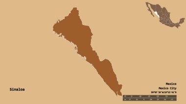 Sinaloa 'nın şekli, Meksika eyaleti, başkenti sağlam arka planda izole edilmiş. Uzaklık ölçeği, bölge önizlemesi ve etiketleri. Düzenli desenli dokuların bileşimi. 3B görüntüleme