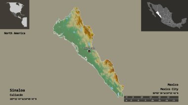 Sinaloa 'nın şekli, Meksika eyaleti ve başkenti. Uzaklık ölçeği, ön gösterimler ve etiketler. Topografik yardım haritası. 3B görüntüleme