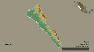 Sinaloa 'nın şekli, Meksika eyaleti, başkenti sağlam arka planda izole edilmiş. Uzaklık ölçeği, bölge önizlemesi ve etiketleri. Topografik yardım haritası. 3B görüntüleme