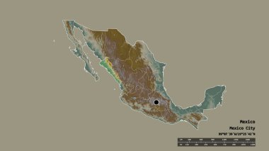 Başkenti, ana bölgesel bölümü ve ayrılmış Sinaloa bölgesi ile Meksika 'nın dejenere edilmiş şekli. Etiketler. Topografik yardım haritası. 3B görüntüleme