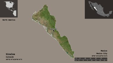 Sinaloa 'nın şekli, Meksika eyaleti ve başkenti. Uzaklık ölçeği, ön gösterimler ve etiketler. Uydu görüntüleri. 3B görüntüleme